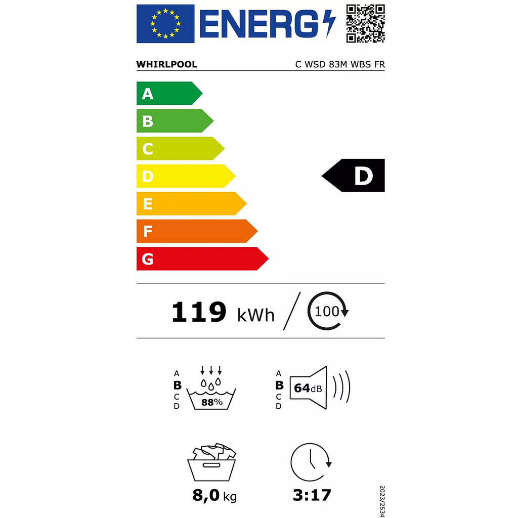 Sèche linge pompe à chaleur WHIRLPOOL CWSD83MWBSFR